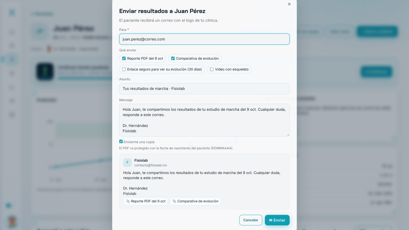 Envío de resultados por correo al paciente