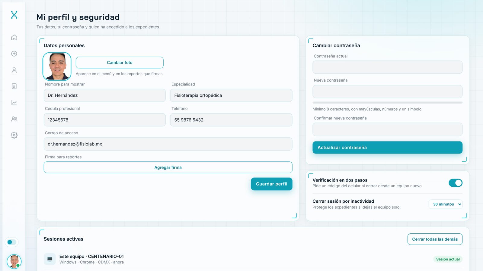 Perfil y seguridad con verificación en dos pasos